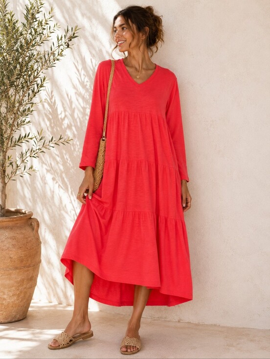 UCHUU Dresses & Skirts - UCHUU Montreal Coral Pink Tiered Cotton Midi Dress XL 14 Boho Lagenlook